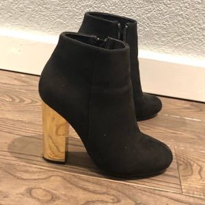Bamboo faux suede booties with gold heels